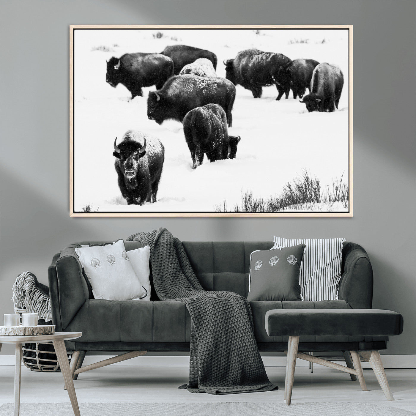 18914414-MGV-CV-36X24-Buffalo Herd Wall Art Canvas Print, Framed Black and White Art Picture Print, Snowy Landscape Perfect Rustic Lodge Decor Decor