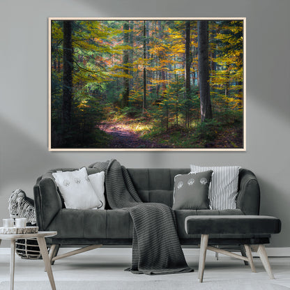 65810864-MGV-FC-36X24_Natural-Autumn Forest Wall Art Canvas Print, Framed Fall Woodland Art Picture Print, Golden Leaves Perfect Rustic Farmhouse Decor Artwork