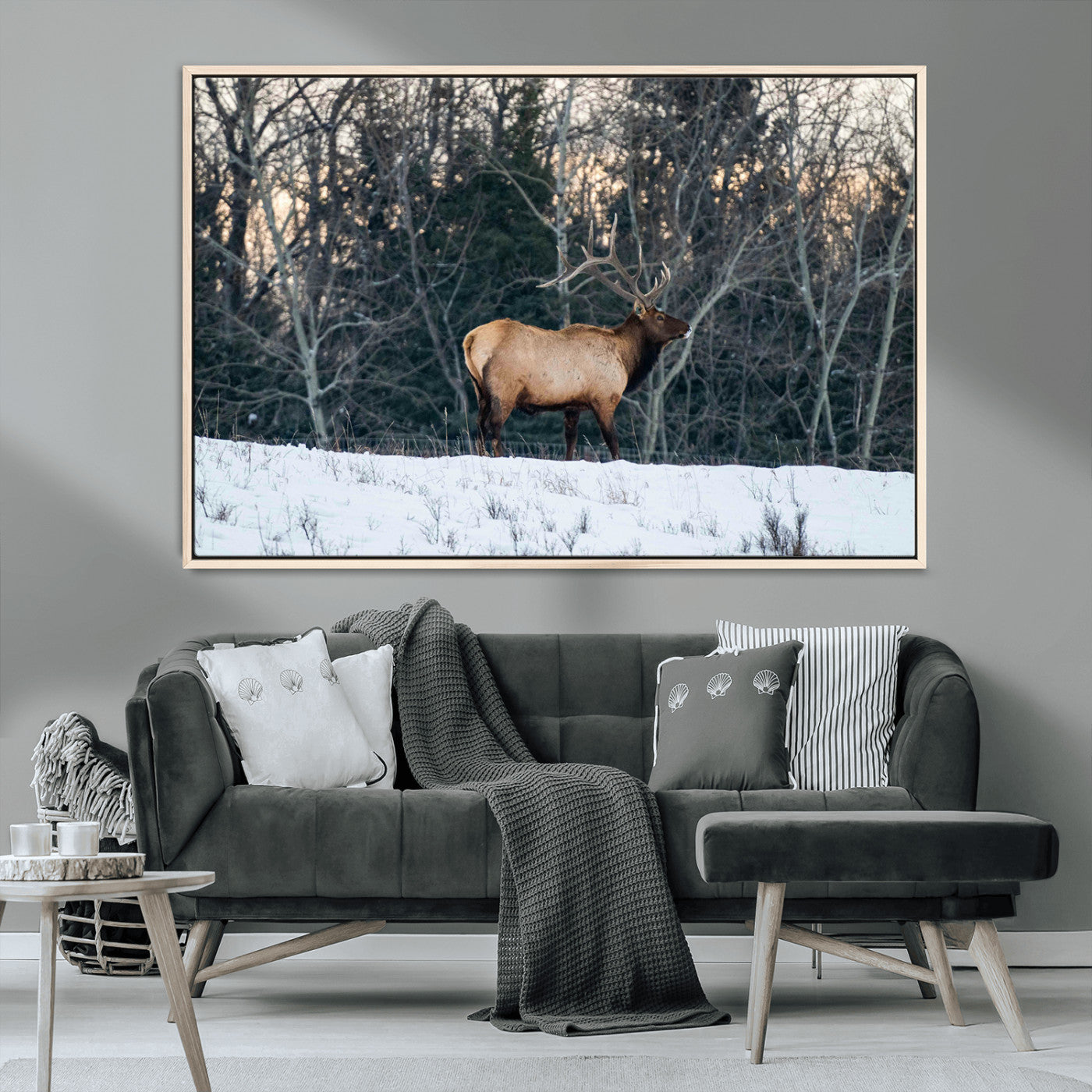 36533178-MGV-CV-36X24-Wild Elk Photography Wall Art Canvas Print, Framed Winter Wildlife Art Picture Print, Snowy Forest Perfect Rustic Lodge Decor