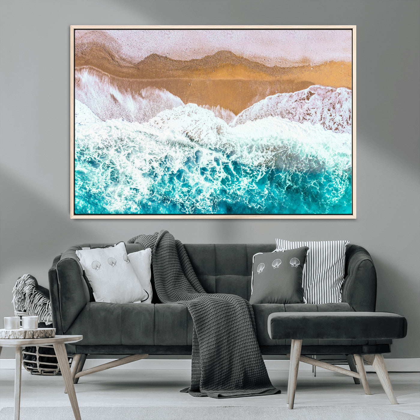 26870666-MGV-CV-36X24-Aerial Beach Wall Art Canvas Print, Framed Ocean Waves Art Picture Print, Coastal Landscape Perfect Coastal Minimalist Decor