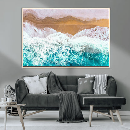 26870666-MGV-CV-36X24-Aerial Beach Wall Art Canvas Print, Framed Ocean Waves Art Picture Print, Coastal Landscape Perfect Coastal Minimalist Decor
