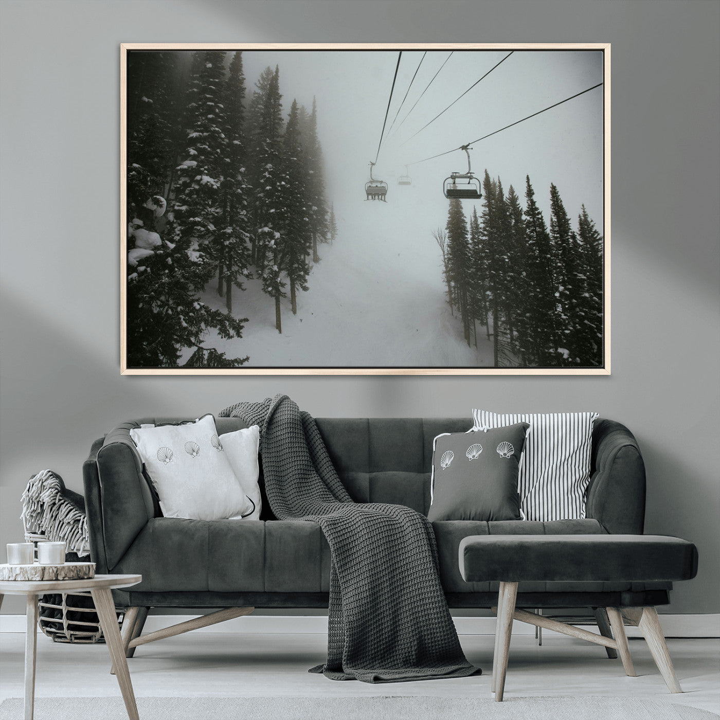 87018452-MGV-CV-36X24-Ski Lift Wall Art Canvas Print, Framed Snowy Pines Art Picture Print, Misty Landscape Perfect Winter Serenity Decor Artwork