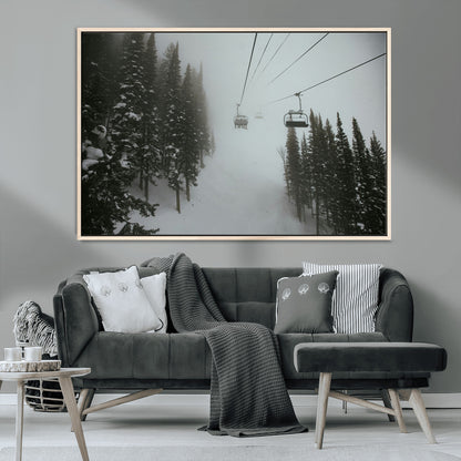 87018452-MGV-CV-36X24-Ski Lift Wall Art Canvas Print, Framed Snowy Pines Art Picture Print, Misty Landscape Perfect Winter Serenity Decor Artwork