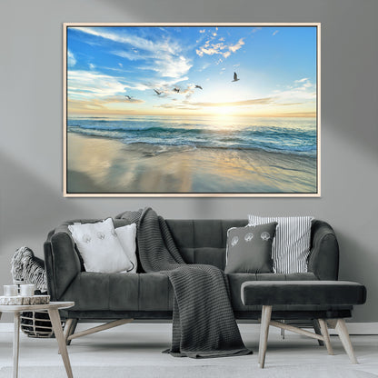 20708696-MGV-FC-36X24_Natural-Minimalist Seaside Wall Art Canvas Print, Framed Morning Glow Art Picture Print, Golden Reflections Perfect Coastal Minimalist