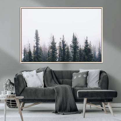 42364796-MGV-CV-36X24-Foggy Forest Wall Art Canvas Print, Framed Misty Pines Art Picture Print, Moody Woodland Perfect Scandinavian Minimalist Decor