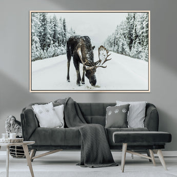 13316292-MGV-CV-36X24-Moose in Snow Wall Art Canvas Print, Framed Winter Wildlife Art Picture Print, Snowy Forest Scene Perfect Rustic Lodge Decor
