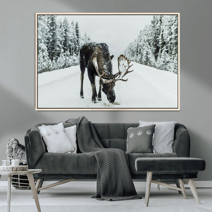 13316292-MGV-CV-36X24-Moose in Snow Wall Art Canvas Print, Framed Winter Wildlife Art Picture Print, Snowy Forest Scene Perfect Rustic Lodge Decor