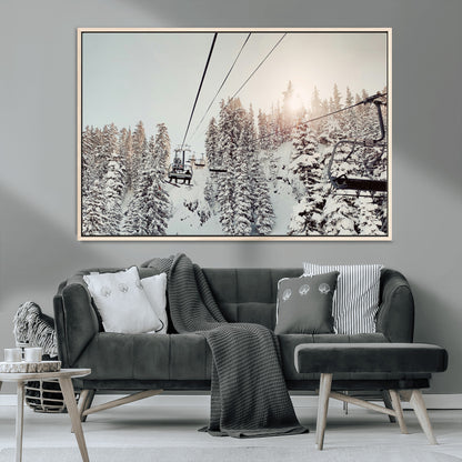 91534512-MGV-CV-36X24-Frosty Pines Wall Art Canvas Print, Framed Cozy Cabin View Art Picture Print, Ski Lift Ride Perfect Rustic Lodge Decor Artwork