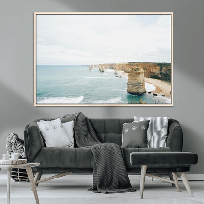 70095633-MGV-CV-36X24-Twelve Apostles Wall Art Canvas Print, Framed Coastal Cliffs Art Picture Print, Rugged Rock Formations Perfect Minimalist Coastal