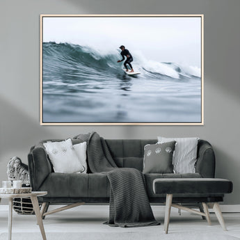 11693607-MGV-CV-36X24-Surfer on Wave Wall Art Canvas Print, Framed Ocean Adventure Art Picture Print, Motion Blur Water Perfect Coastal Adventure Decor