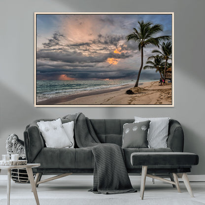 62574547-MGV-CV-36X24-Tropical Storm Wall Art Canvas Print, Framed Moody Beach Art Picture Print, Dramatic Sky Perfect Tropical Coastal Decor Artwork