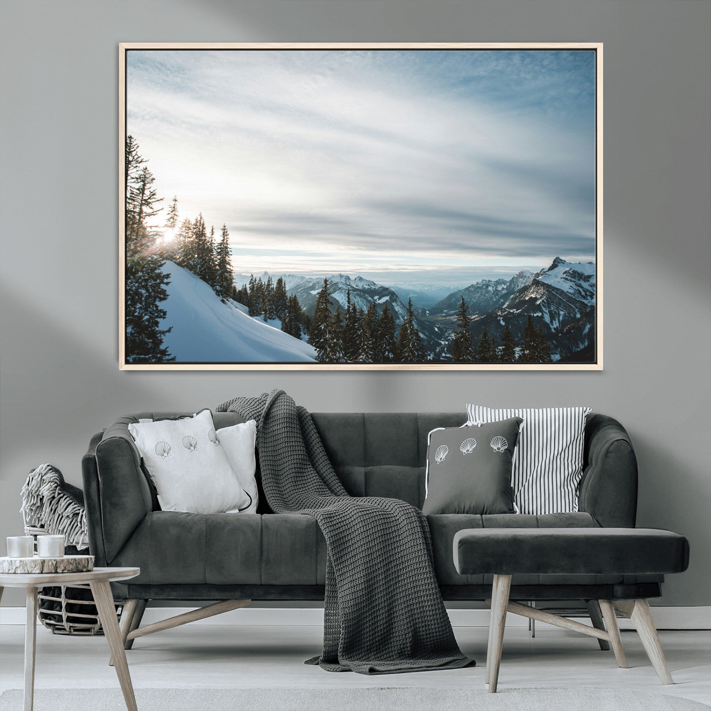 55564749-MGV-CV-36X24-Snowy Mountains Wall Art Canvas Print, Framed Alpine Landscape Art Picture Print, Frosty Peaks Perfect Nordic Minimalist Decor