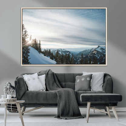 55564749-MGV-CV-36X24-Snowy Mountains Wall Art Canvas Print, Framed Alpine Landscape Art Picture Print, Frosty Peaks Perfect Nordic Minimalist Decor