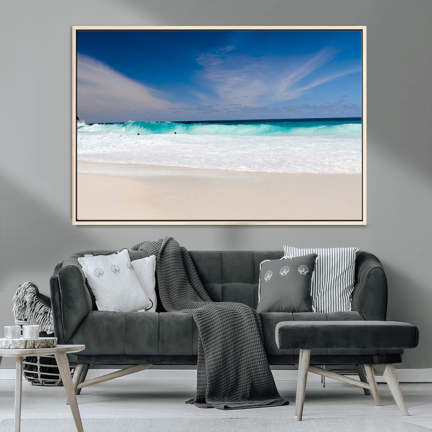 55017356-MGV-CV-36X24-Ocean Beach Wall Art – Turquoise Wave and White Sand Shoreline Canvas Print, Coastal Seascape Photography Decor for Living Room,
