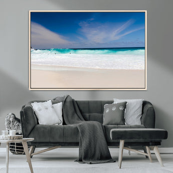 55017356-MGV-CV-36X24-Ocean Beach Wall Art – Turquoise Wave and White Sand Shoreline Canvas Print, Coastal Seascape Photography Decor for Living Room,