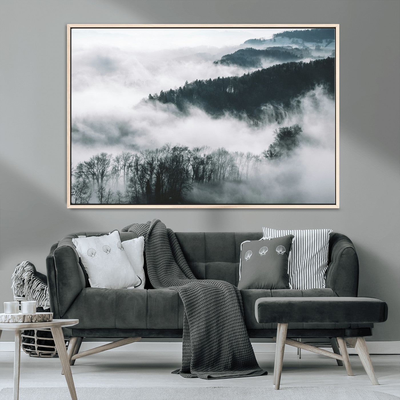 67569654-MGV-CV-36X24-Foggy Forest Wall Art – Mist Covered Hills and Trees Landscape Canvas Print, Moody Nature Photography Decor for Living Room,