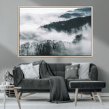 67569654-MGV-CV-36X24-Foggy Forest Wall Art – Mist Covered Hills and Trees Landscape Canvas Print, Moody Nature Photography Decor for Living Room,