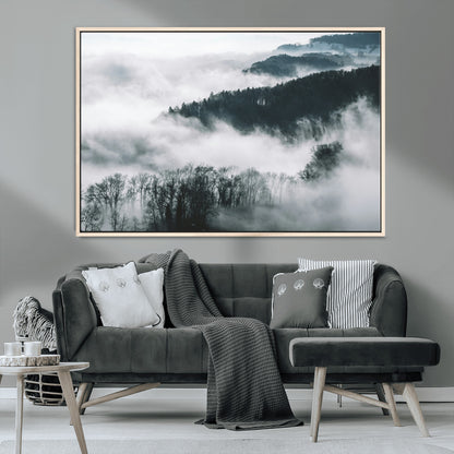 67569654-MGV-CV-36X24-Foggy Forest Wall Art – Mist Covered Hills and Trees Landscape Canvas Print, Moody Nature Photography Decor for Living Room,