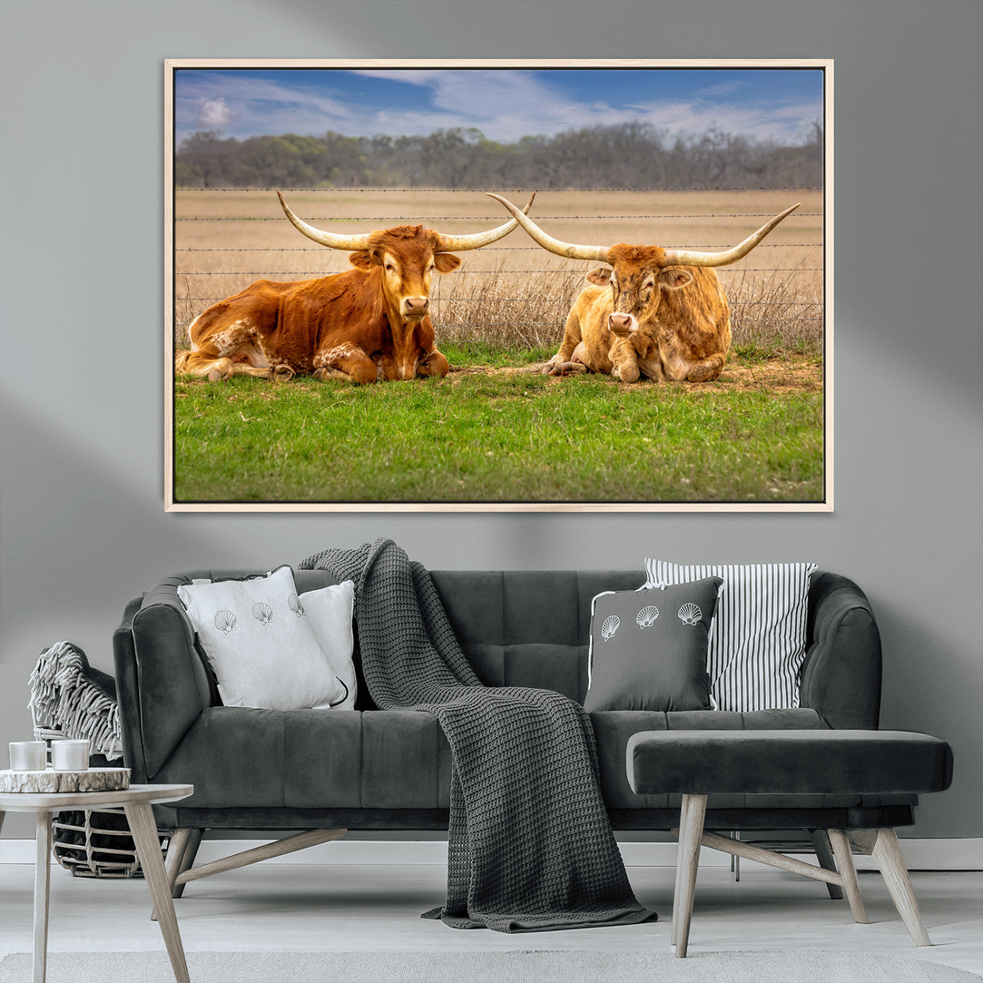 54598515-MGV-CV-36X24-Texas Longhorns Wall Art – Rustic Cattle Ranch Canvas Print, Western Farmhouse Animal Photography Decor for Living Room, Office,