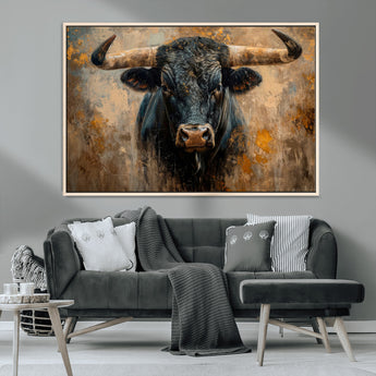 91615410-MGV-CV-36X24-Bull Wall Art – Rustic Western Longhorn Canvas Print, Powerful Abstract Animal Painting, Farmhouse Ranch Decor for Living Room,