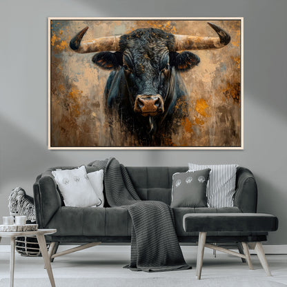 91615410-MGV-CV-36X24-Bull Wall Art – Rustic Western Longhorn Canvas Print, Powerful Abstract Animal Painting, Farmhouse Ranch Decor for Living Room,