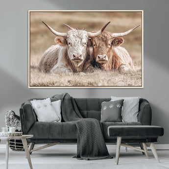 38651722-MGV-CV-36X24-Cow Wall Art – Rustic Longhorn Pair Canvas Print, Western Farmhouse Animal Painting, Country Ranch Decor for Living Room, Bedroom,