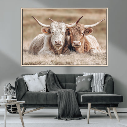 38651722-MGV-CV-36X24-Cow Wall Art – Rustic Longhorn Pair Canvas Print, Western Farmhouse Animal Painting, Country Ranch Decor for Living Room, Bedroom,