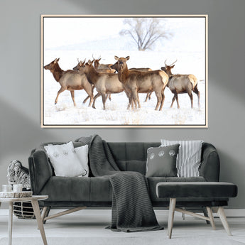 41416314-MGV-CV-36X24-Elk Wall Art – Wildlife Herd Canvas Print in Snowy Landscape, Rustic Nature Painting, Western Cabin Lodge Decor for Living Room,