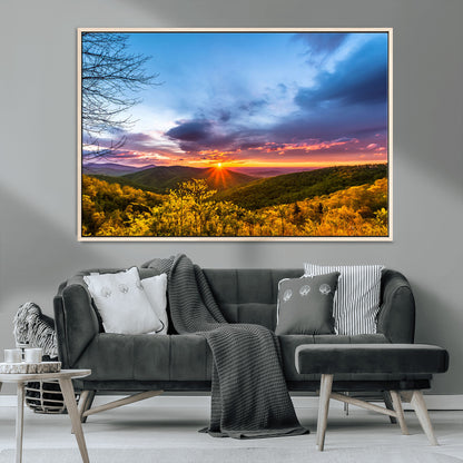 25786346-MGV-CV-36X24-Sunset Over Mountains Wall Art – Nature Landscape Canvas Print, Golden Hour Forest Photography, Scenic Sunrise Artwork for Living