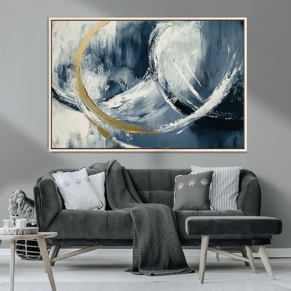 97295757-MGV-CV-36X24-Abstract Blue and Gold Wall Art – Modern Luxury Canvas Print, Navy White Brushstroke Painting, Contemporary Living Room Office
