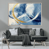 42475677-MGV-CV-36X24-Blue and Gold Abstract Wall Art – Modern Luxury Canvas Print, Navy White Brushstroke Painting, Contemporary Home Office Living