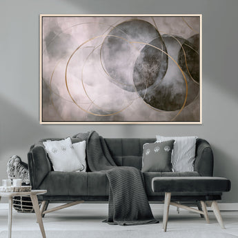 20066876-MGV-CV-36X24-Neutral Abstract Circle Wall Art – Modern Gray Beige Gold Canvas Print, Minimalist Geometric Painting for Bedroom, Living Room,