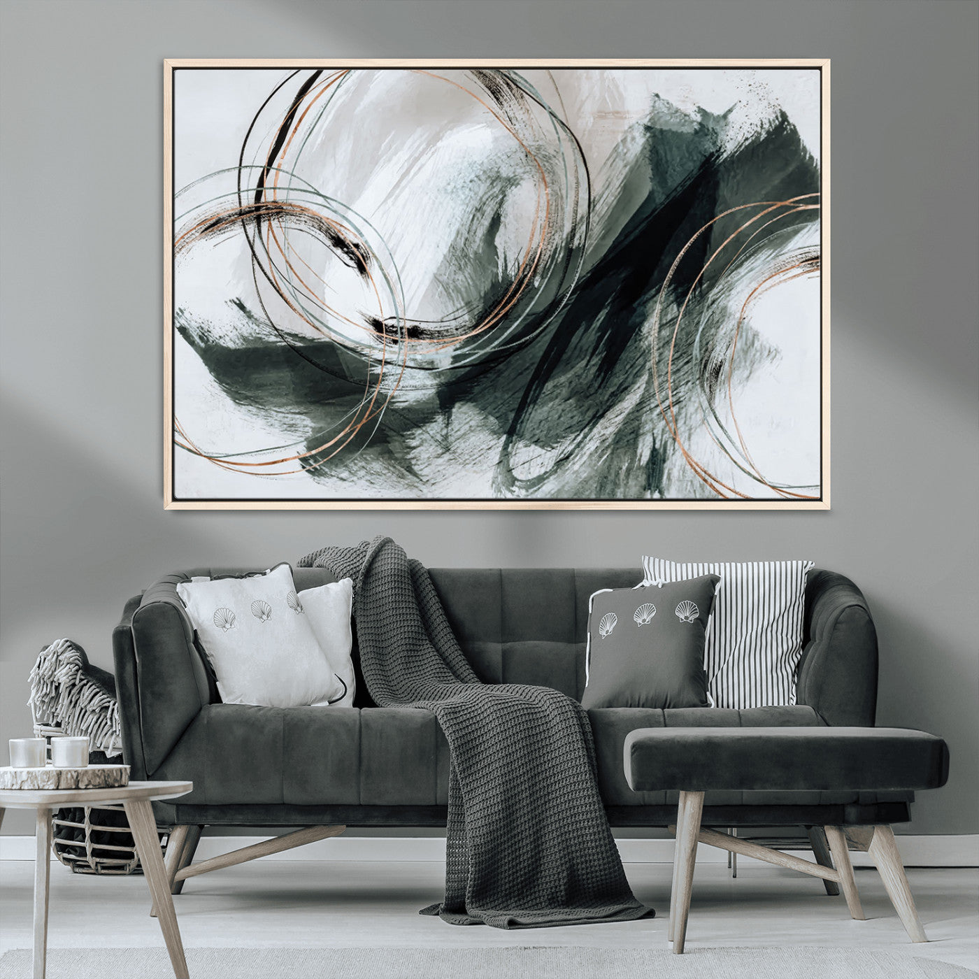 86583265-SEG-FC-90X60_Oversize_Oversize-Black and Gray Abstract Wall Art – Modern Copper Circle Canvas Print, Contemporary Minimalist Painting for Living Room, Bedroom,