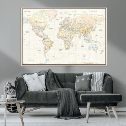 40660043-MGV-CV-36X24-World Map Wall Art – Large Detailed Atlas Style Map Print with Countries, Cities, and Oceans, Neutral Beige and Tan Educational