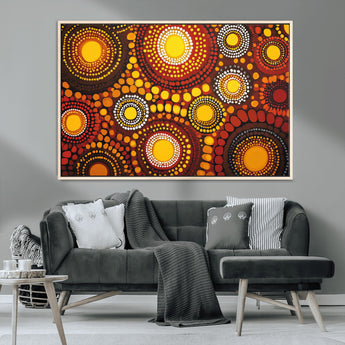 81120549-MGV-CV-36X24-Abstract Dot Painting Wall Art – Vibrant Tribal Boho Style Canvas Print with Sunburst Mandala Circles in Warm Red, Yellow, Orange