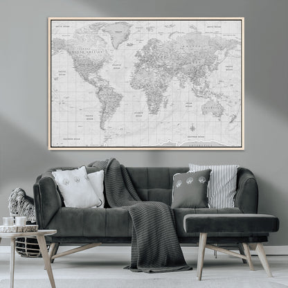 10516725-MGV-CV-36X24-Black and White World Map Wall Art – Minimalist Grayscale Canvas Print – Modern Detailed Travel Map Poster for Home, Office, or