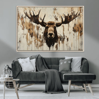 34496536-MGV-CV-36X24-Rustic Moose Wall Art – Modern Abstract Animal Canvas Print – Majestic Moose Head Painting with Neutral Earth Tones for Cabin,