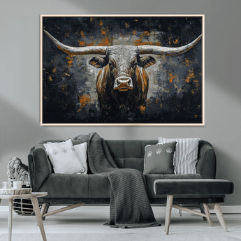 93195031-MGV-CV-36X24-Dark Longhorn Bull Wall Art – Western Steer Canvas Print, Moody Rustic Animal Painting for Man Cave, Ranch House, Office or Modern