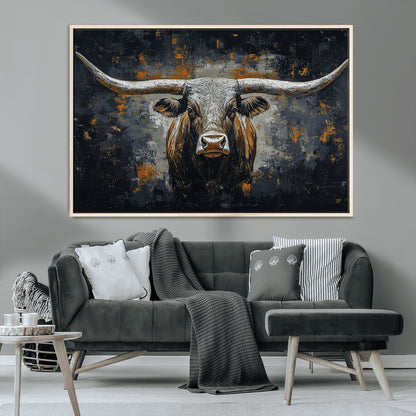93195031-MGV-CV-36X24-Dark Longhorn Bull Wall Art – Western Steer Canvas Print, Moody Rustic Animal Painting for Man Cave, Ranch House, Office or Modern