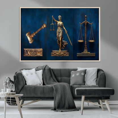 91629053-MGV-FC-36X24_Natural-Lady Justice Wall Art – Golden Gavel and Scales Canvas Print, Elegant Legal Office Decor for Lawyers, Judges, Courtroom or Study