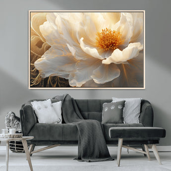 29539087-MGV-CV-36X24-Floral Wall Art – Elegant White and Gold Bloom Canvas Print, Romantic Modern Flower Artwork for Bedroom, Living Room, or Office