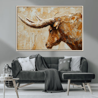 69611428-MGV-CV-36X24-Longhorn Bull Wall Art – Rustic Western Canvas Print, Textured Farmhouse Cattle Painting for Living Room, Office, or Ranch House
