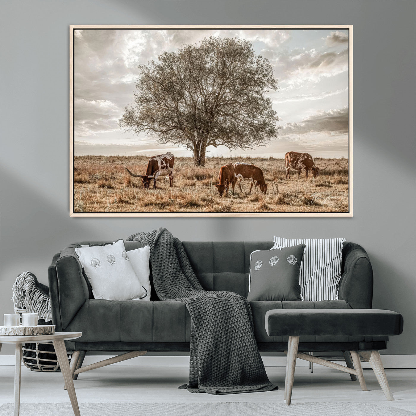 87590224-MGV-CV-36X24-Longhorn Cattle Wall Art – Rustic Western Landscape Canvas Print, Texas Farmhouse Prairie Scene for Living Room, Office, or Ranch
