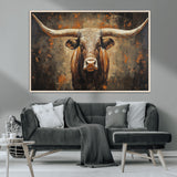 19204445-MGV-CV-36X24-Texas Longhorn Bull Wall Art – Rustic Western Canvas Print, Bold Cowboy Cattle Painting for Ranch House, Farmhouse, Office, or