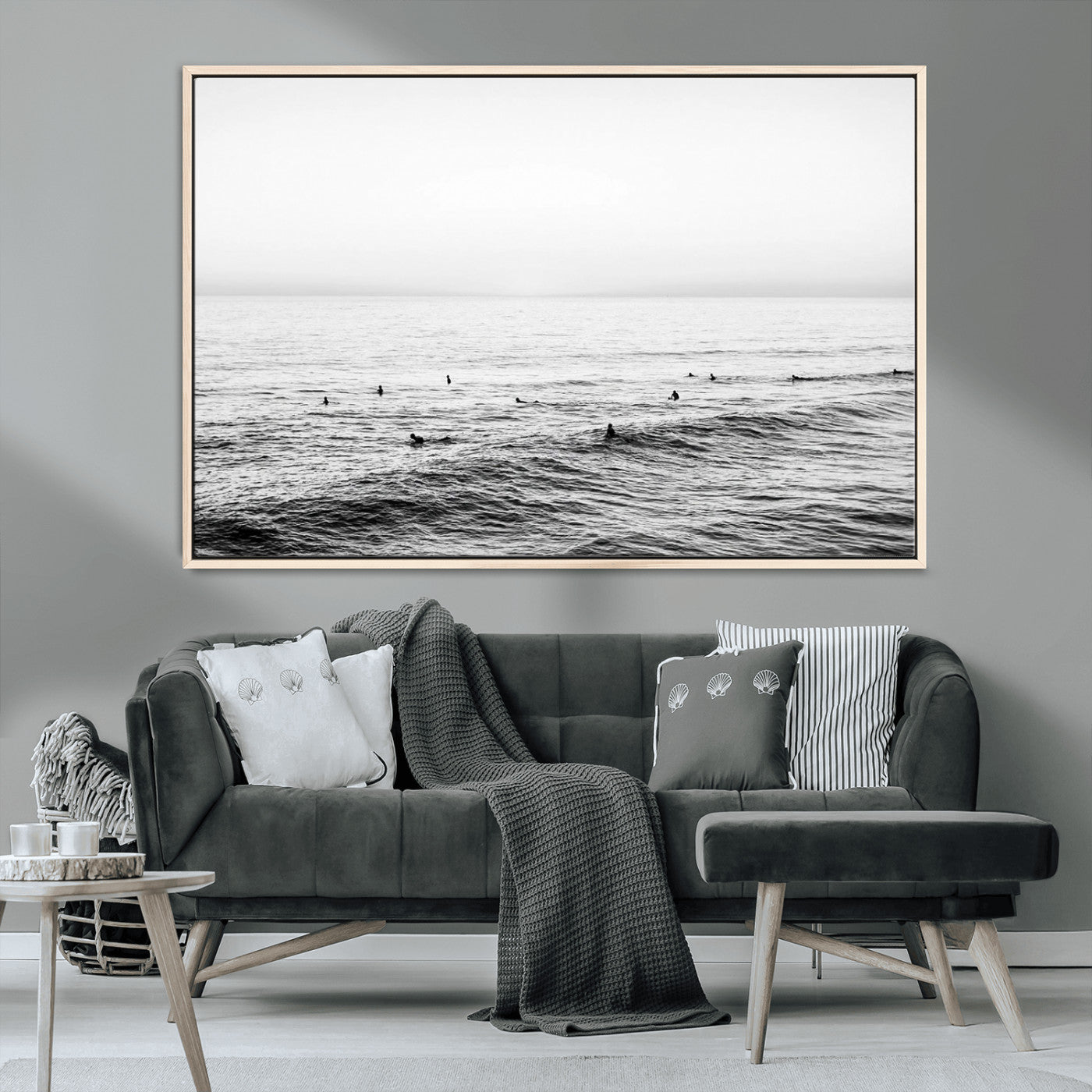 47208268-MGV-CV-36X24-Surfer Ocean Wall Art – Black and White Coastal Canvas Print, Minimalist Surfing Seascape Decor for Living Room, Bedroom, or Beach