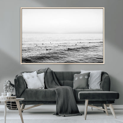 47208268-MGV-CV-36X24-Surfer Ocean Wall Art – Black and White Coastal Canvas Print, Minimalist Surfing Seascape Decor for Living Room, Bedroom, or Beach