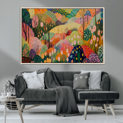 79636380-MGV-CV-36X24-Colorful Abstract Landscape Wall Art – Vibrant Hills and Flowers Canvas Print, Modern Whimsical Artwork for Living Room, Bedroom,