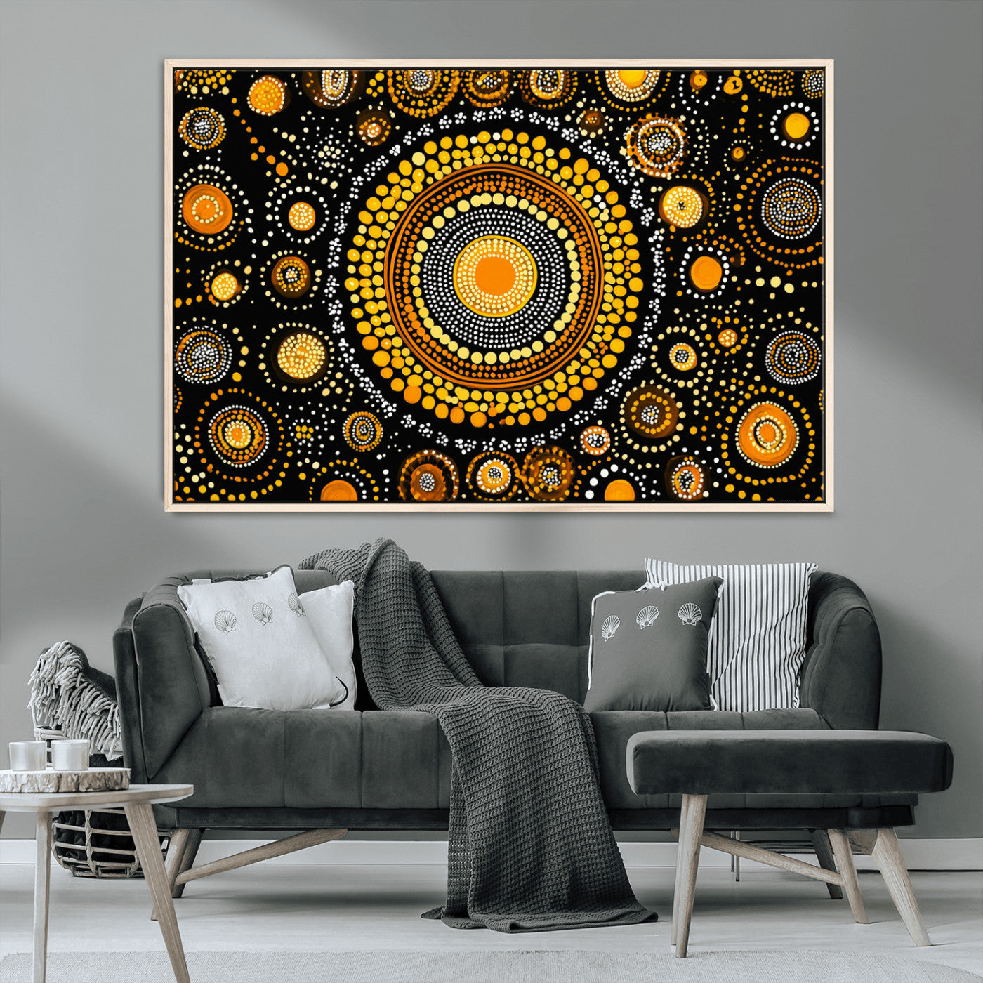 45478523-MGV-CV-36X24-Abstract Circle Wall Art – Bold Black and Gold Dot Painting Canvas Print, Modern Geometric Mandala Style Decor for Living Room or