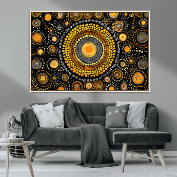 45478523-MGV-CV-36X24-Abstract Circle Wall Art – Bold Black and Gold Dot Painting Canvas Print, Modern Geometric Mandala Style Decor for Living Room or