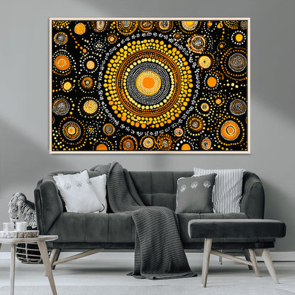 45478523-MGV-CV-36X24-Abstract Circle Wall Art – Bold Black and Gold Dot Painting Canvas Print, Modern Geometric Mandala Style Decor for Living Room or